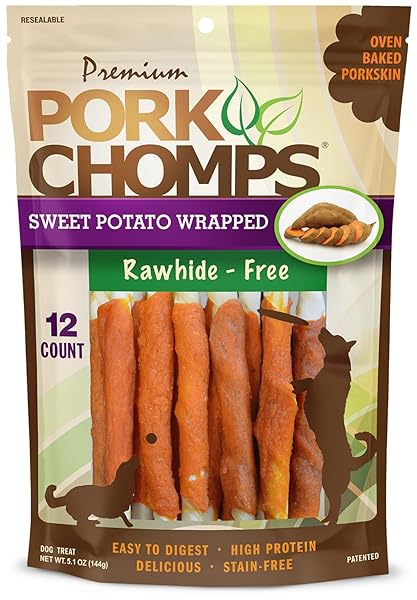 Pork Chomps Pork Chomps Baked Pork Skin Dog Chews Mini Twists with Sweet Potato Wrap 12 Count