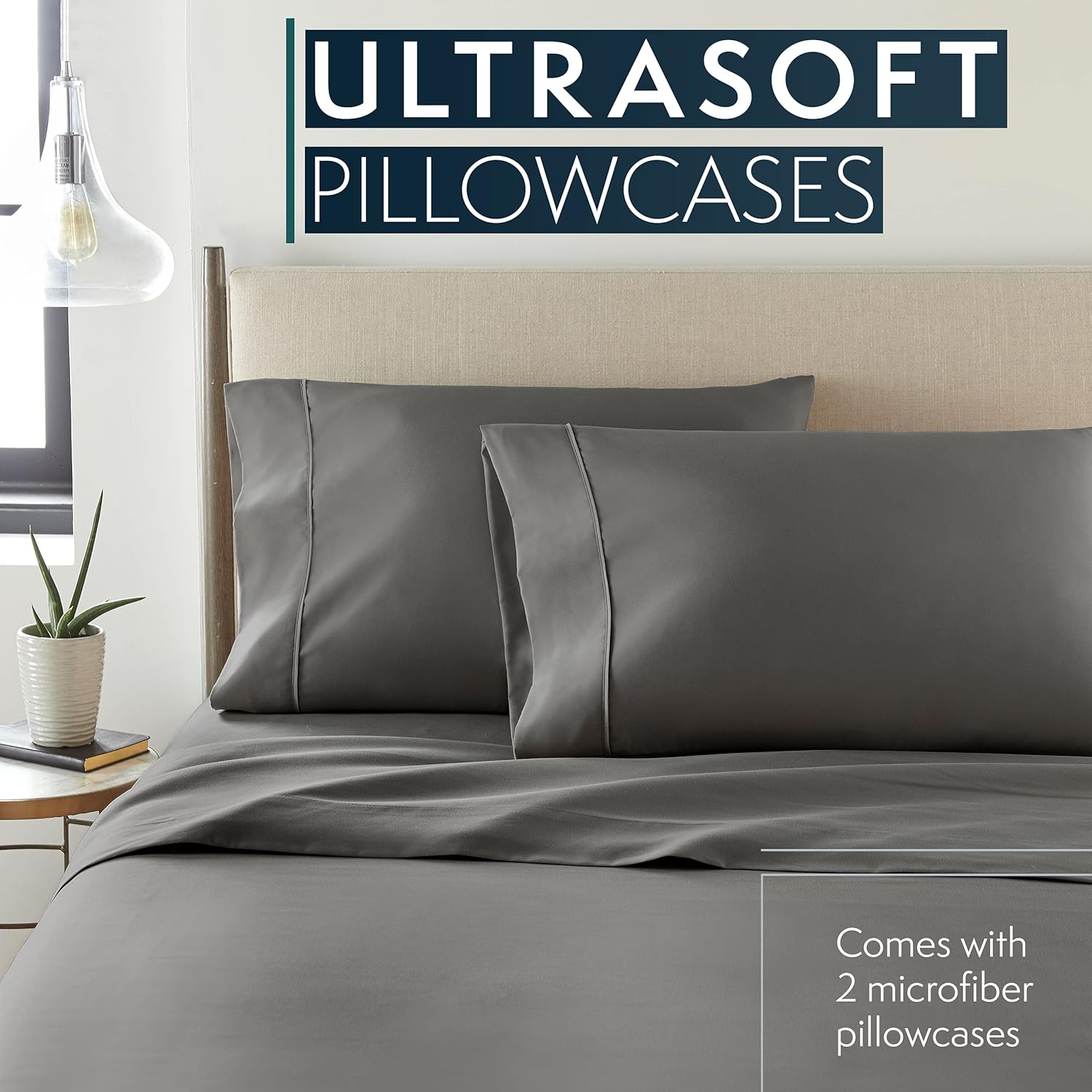 HC COLLECTION HC Collection Microfiber Pillow Cases Set of 2 - Soft, Easy Care Standard/Queen Size Gray Pillowcases - View 2 of 9