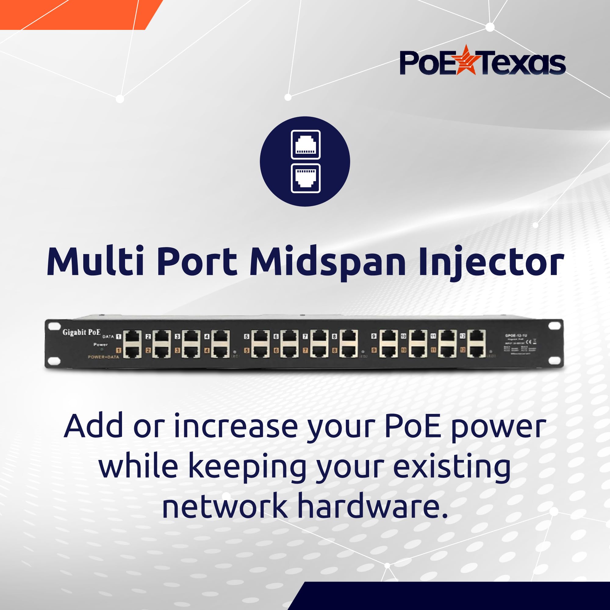 PoE Texas 12 Port Gigabit Data Passive Rack Mount Injector with 48V 120W Power Supply for VoIP Phone WiFi Access Point IP Camera - View 2 of 6