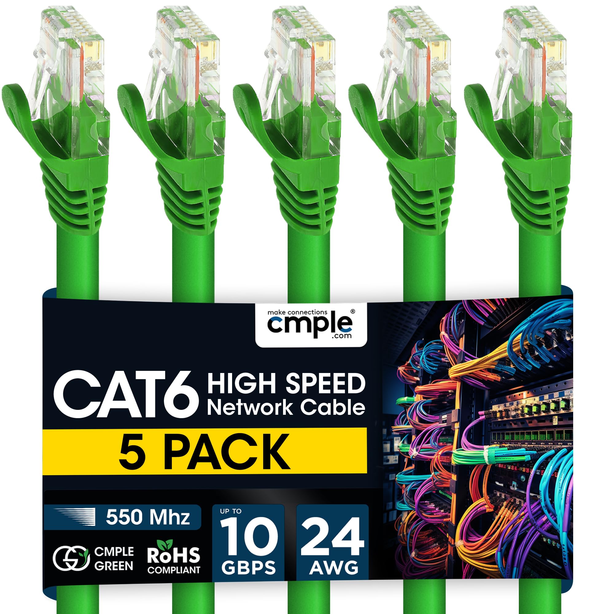 Cmple 5 Pack Cat6 Ethernet Cables - High Speed 5ft Snagless RJ45 Network Cables for Fast Internet Connection