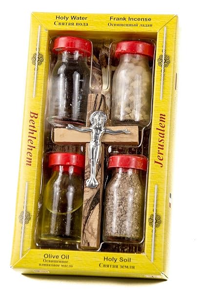 Nazareth Store Blessed Holy Water, Soil, Oil & Incense with Jesus Cross - Authentic Holy Land Gifts