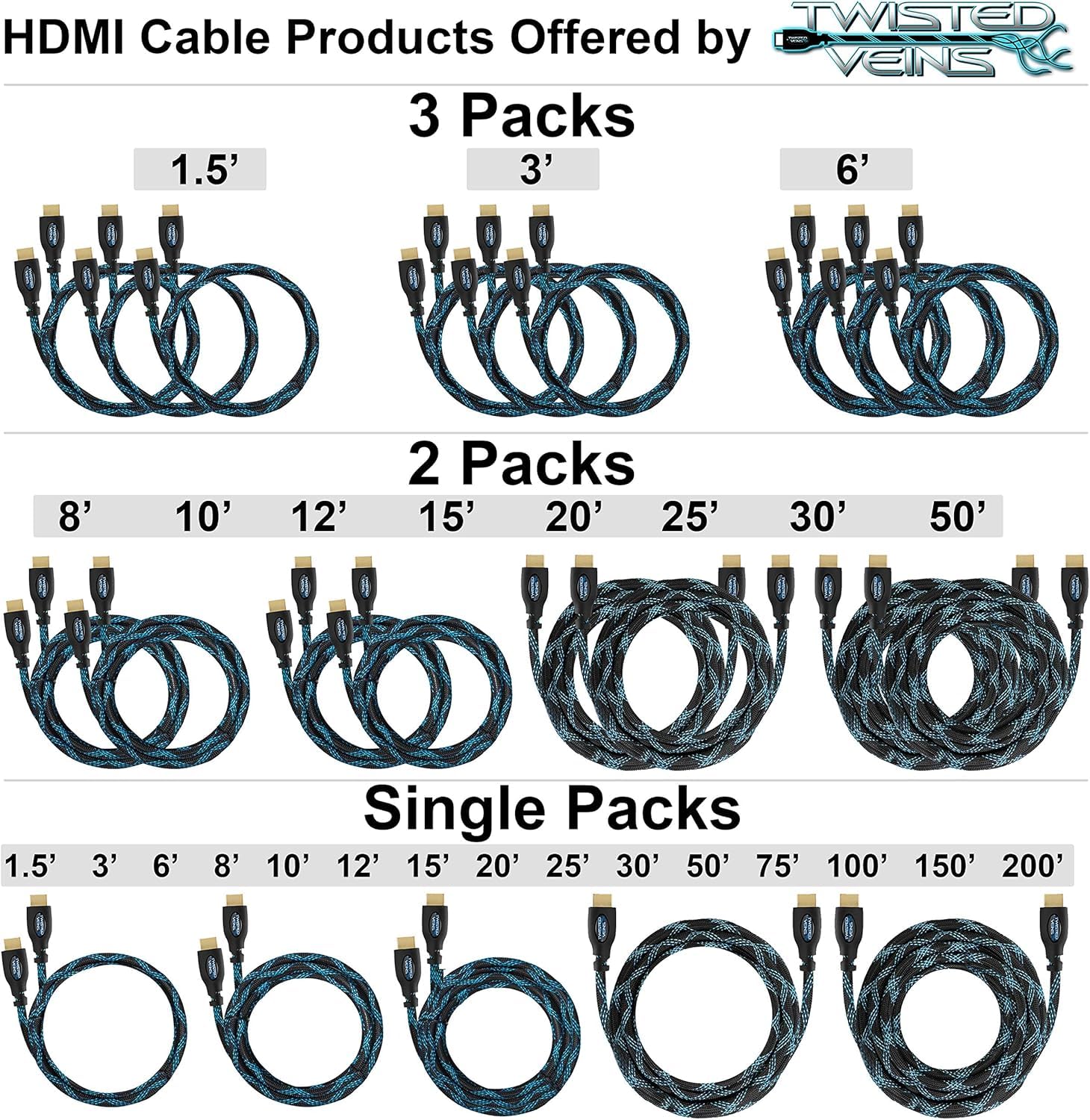 Twisted Veins High Speed HDMI Cables 3 Pack 3ft with Right Angle Adapter and Velcro Ties Supports Ethernet 3D Audio Return - View 8 of 9