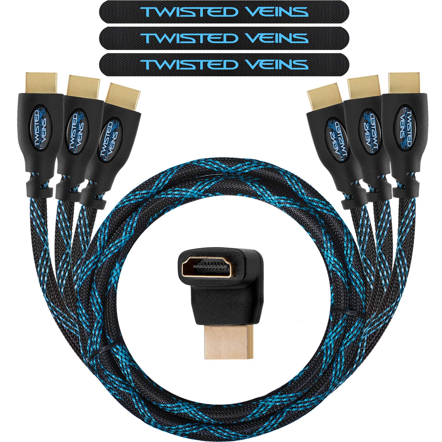 Twisted Veins High Speed HDMI Cables 3 Pack 3ft with Right Angle Adapter and Velcro Ties Supports Ethernet 3D Audio Return