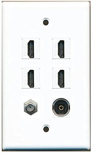 RiteAV Wall Plate with 4 HDMI 1 Coax Cable TV and 1 Toslink Port in White for Easy Home Theater Setup