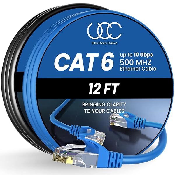 Ultra Clarity Cables Cat 6 Ethernet Cable 12 Ft 2 Pack - High Speed 10Gbps Indoor/Outdoor LAN Cable for Router, Modem, PS4/5 - Blue & Black