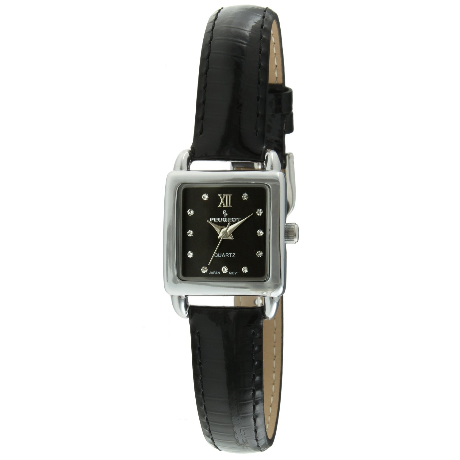Peugeot Women's 3034BK Mini Square Watch: Silvertone Crystal & Black Dial Leather Style