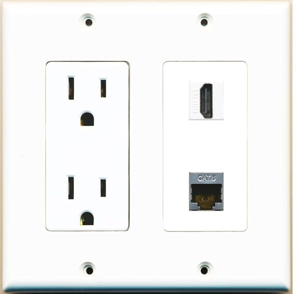 RiteAV 15 Amp Power Outlet HDMI and Shielded Cat6 Ethernet Decorative Wall Plate White