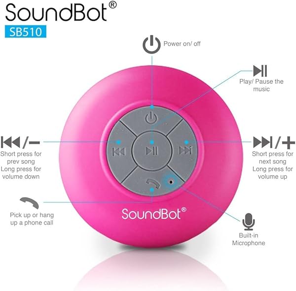 Soundbot Soundbot SB510 HD Bluetooth Shower Speaker: Water-Resistant, 6hrs Playtime, Handsfree Mic & Suction Cup - Perfect for Showers (Pink) - View 3 of 6