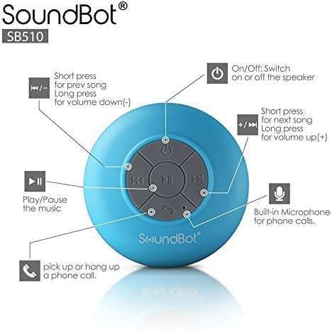 Soundbot SoundBot SB510 HD Water Resistant Bluetooth Shower Speaker, Handsfree Portable Speakerphone with Built-in Mic, 6hrs of Playtime, Control Buttons and Dedicated Suction Cup_Blue - View 6 of 9