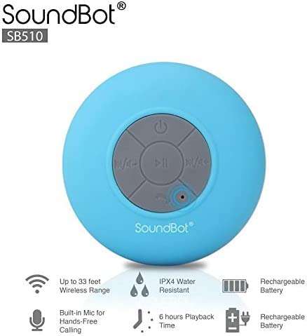 Soundbot SoundBot SB510 HD Water Resistant Bluetooth Shower Speaker, Handsfree Portable Speakerphone with Built-in Mic, 6hrs of Playtime, Control Buttons and Dedicated Suction Cup_Blue - View 8 of 9