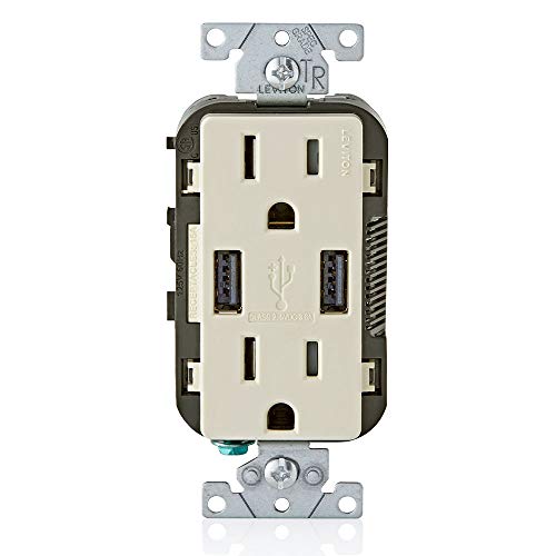 Leviton Leviton T5632-T Type-A USB In-Wall Charger & 15A Outlet - Light Almond for Smartphones