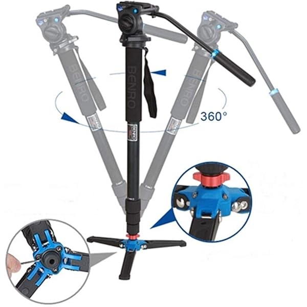 Benro Benro A38TDS2 Monopod with 3-Leg Base & S2 Head - 4 Sections, Twist Lock, Durable Black Design - View 8 of 10