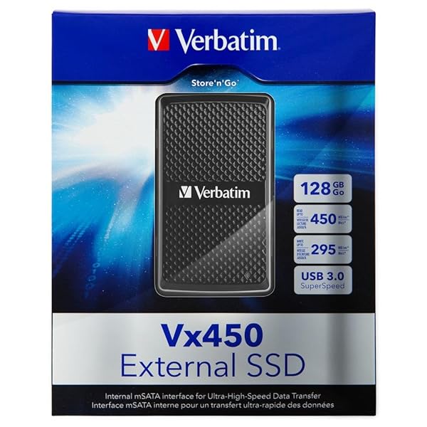 Verbatim 128GB Vx450 External SSD - Fast USB 3.0 mSATA Storage in Sleek Black Design