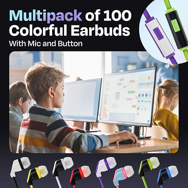 JustJamz JustJamz Kidz 2.0 Color Call Mic Stereo Earbud Headphones Mixed Colors 100 Pack for Kids - View 4 of 8