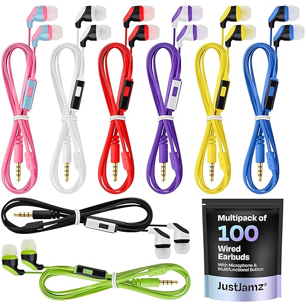 JustJamz JustJamz Kidz 2.0 Color Call Mic Stereo Earbud Headphones Mixed Colors 100 Pack for Kids