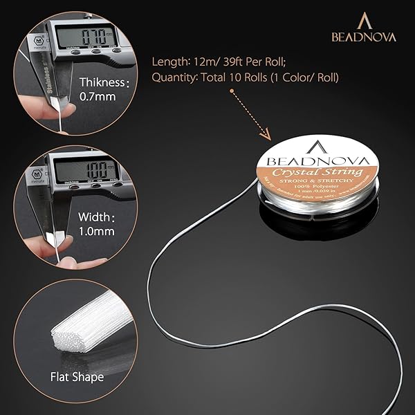 BEADNOVA BEADNOVA 1mm Elastic Stretch Crystal String Cord - 10 Rolls Mixed Colors for Jewelry Making & Bracelet Beading (12m Each) - View 4 of 9