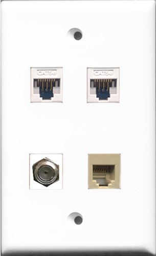 RiteAV 1 Port Coax Cable TV F-Type and 1 Port Phone RJ11 RJ12 Beige 2 Port Cat5e Ethernet White Wall Plate