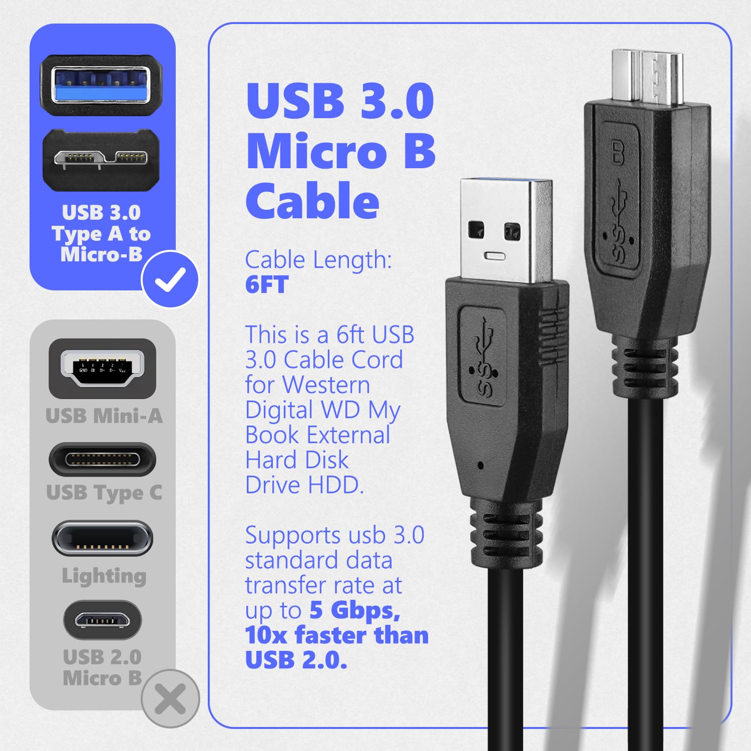 MaxLLTo MaxLLTo 6Feet USB 3.0 Data Cable for Western Digital WD My Book External Hard Drive Fast Charging and Data Transfer - View 5 of 7