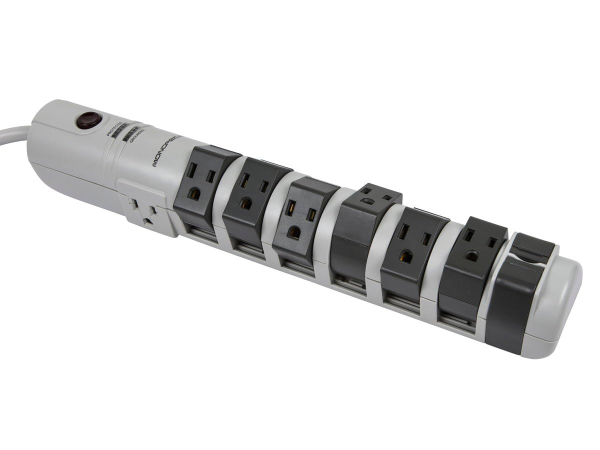 Monoprice 8 Outlet Rotating Surge Strip UL Rated 2160 Joules with Grounded Light Indicator Gray