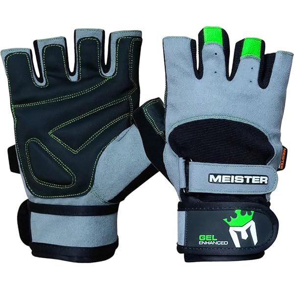 Meister Meister Wrist Wrap Weight Lifting Gloves with Gel Padding in Gray and Neon Green X-Large