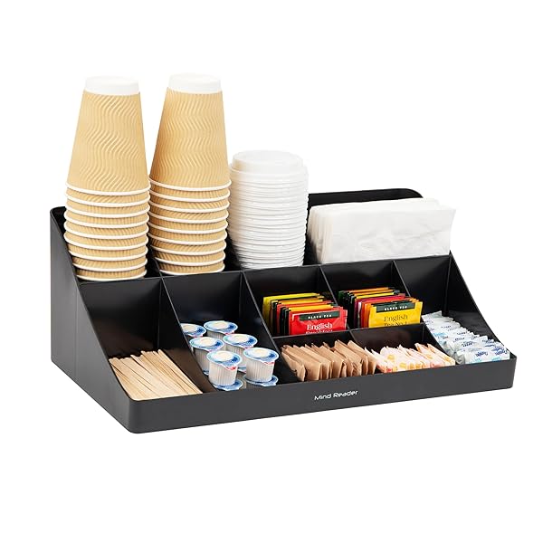 Mind Reader "Mind Reader Cup & Condiment Station: 11-Compartment Coffee Bar Organizer for Kitchen - Black, 17.875" L x 9.5" W x 6.625" H"