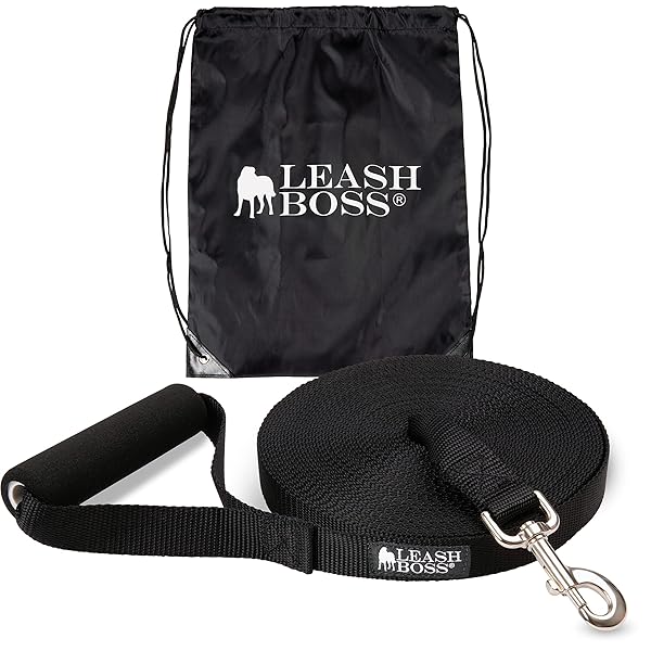 Leash Boss Leash Boss Free Range Long Dog Leash 30 Ft for Large Dogs with Padded Handle and Drawstring Backpack Black