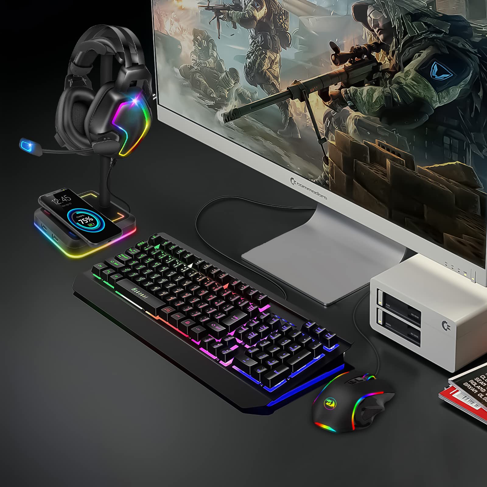 Generic Headphone Stand with Wireless Charger and USB Ports for Gaming Headsets and Desktop PC Accessories - View 2 of 6