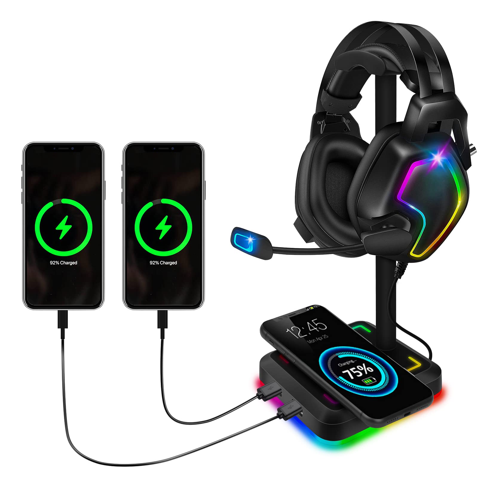 Headphone Stand with Wireless Charger and USB Ports for Gaming Headsets and Desktop PC Accessories