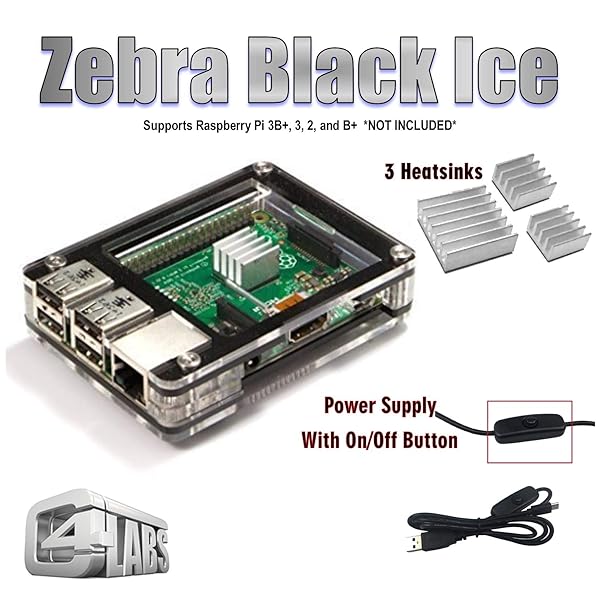 C4Labs Buy C4Labs Zebra Case Kit for Raspberry Pi 3B+/2B - Includes Heat Sinks & Power Cord - Black Ice Edition