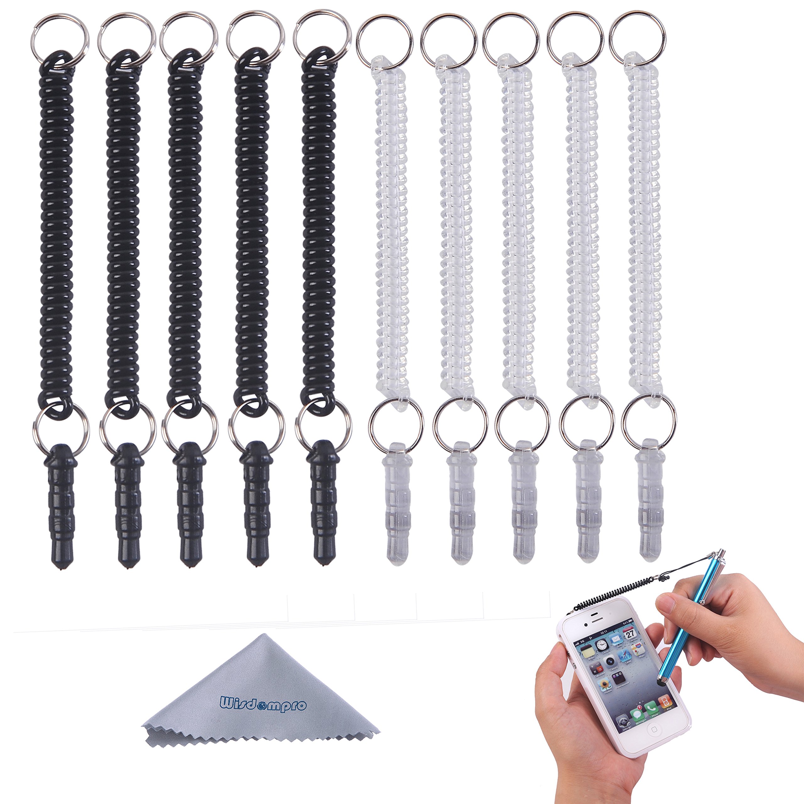 10 Pack Wisdompro Stylus Tether Strings - Detachable Elastic Lanyards with 3.5mm Jack for Stylus Pens - Black & Clear