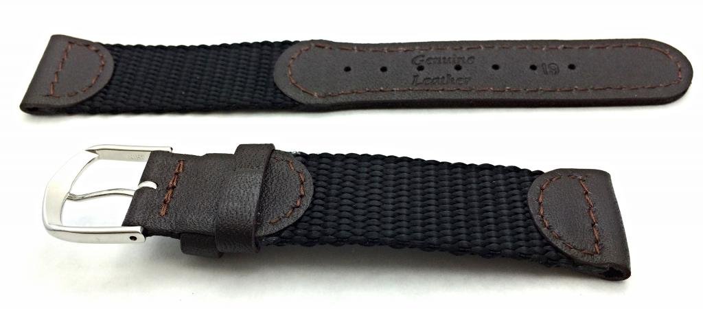 19mm Brown Swiss Army Style Watch Band Soft Genuine Leather and Black Nylon Replacement Strap for Men - View 2 of 2