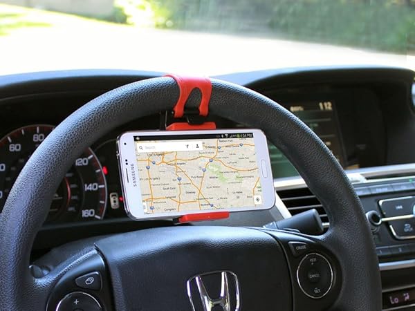 Cyongear Cellet Steering Wheel Smartphone Holder Mount Clip for iPhone and Samsung Galaxy for GPS Navigation Red Black PHHD100
