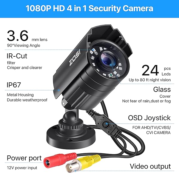 ZOSI ZOSI 2.0MP 1080P HD Security Camera - 4-in-1 Outdoor/Indoor, 80ft Night Vision, Weatherproof Bullet CCTV - View 3 of 10