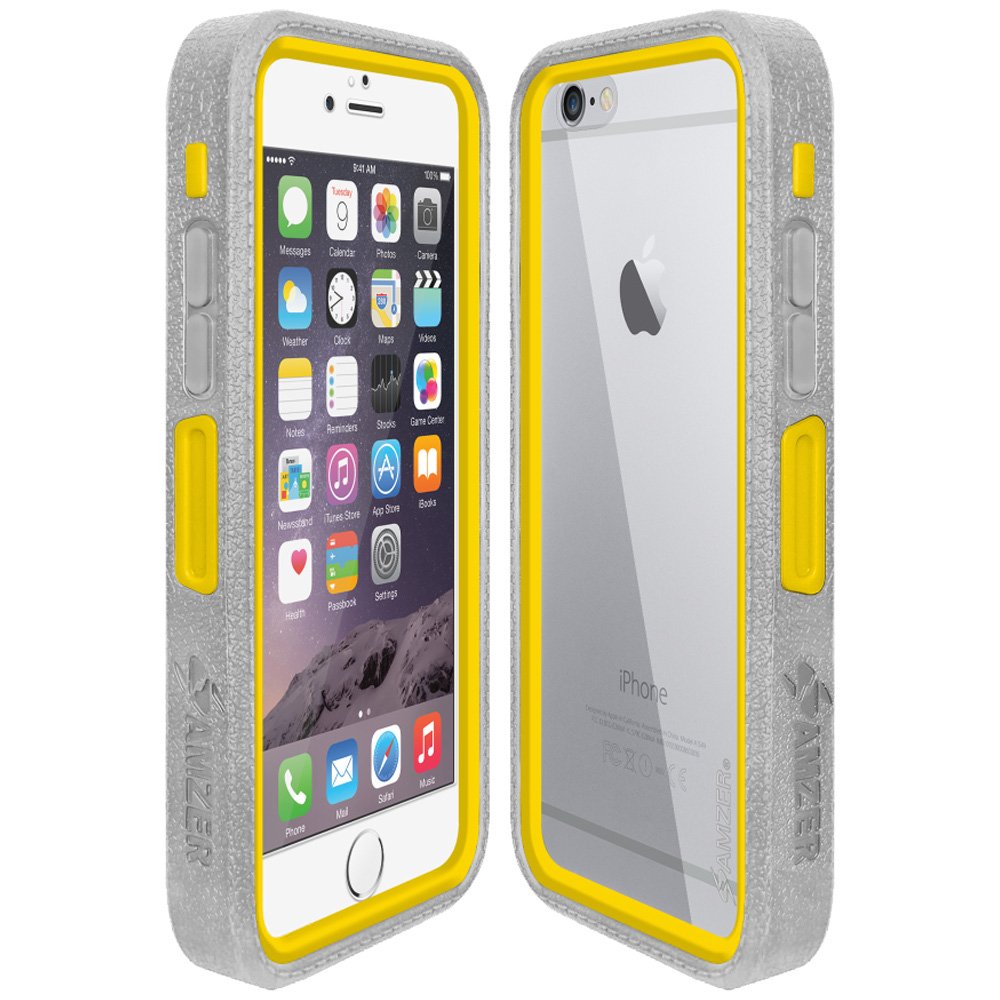 Amzer Crusta Rugged Tempered Glass Case for iPhone 6/6s - Grey & Yellow with Belt Clip Holster
