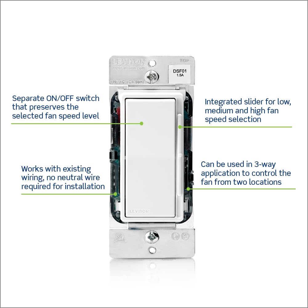 Leviton Leviton Decora Slide Ceiling Fan Wall Switch Quiet 3 Speed Control 1.5 Amps White Ivory Light Almond Faceplates - View 2 of 8