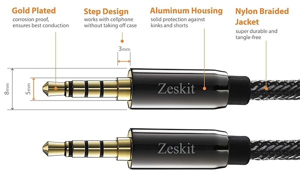 Zeskit Zeskit 3.5mm Male to Male AUX Cable - Premium TRRS 4-Pole for Headphones & Speakers - 4ft Length - View 3 of 7