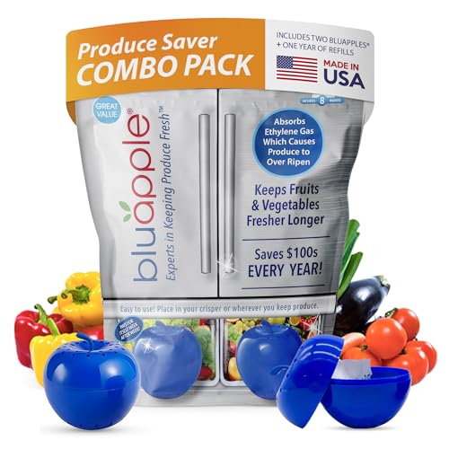 BluApple Keep Fruits & Veggies Fresh: Bluapple Ethylene Gas Absorber Combo Pack - 8 Packets & 2 Bluapples, BPA Free, Lasts 3 Months