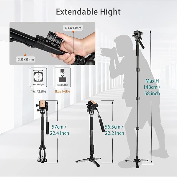 koolehaoda Extendable Aluminum Monopod with Fluid Head & Tripod Base for DSLR - Max Height 148cm, 3kg Capacity - View 3 of 8