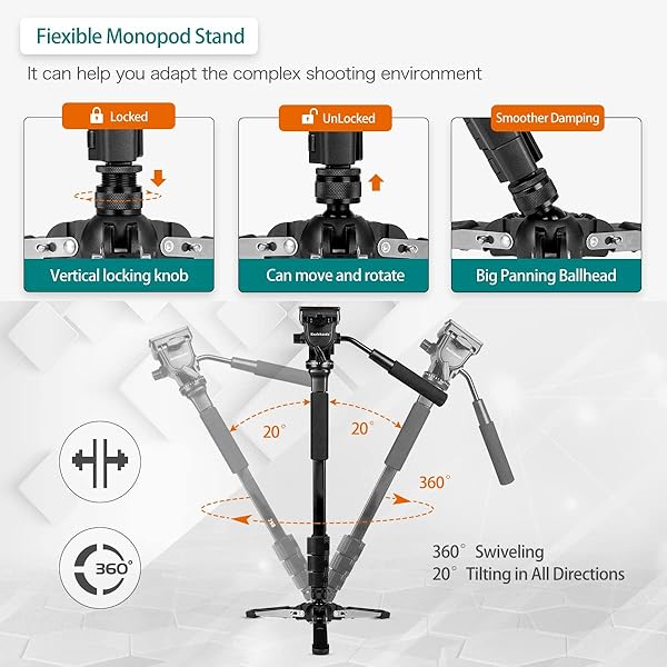 koolehaoda Extendable Aluminum Monopod with Fluid Head & Tripod Base for DSLR - Max Height 148cm, 3kg Capacity - View 5 of 8