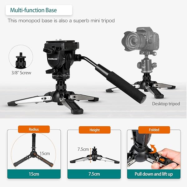 koolehaoda Extendable Aluminum Monopod with Fluid Head & Tripod Base for DSLR - Max Height 148cm, 3kg Capacity - View 6 of 8