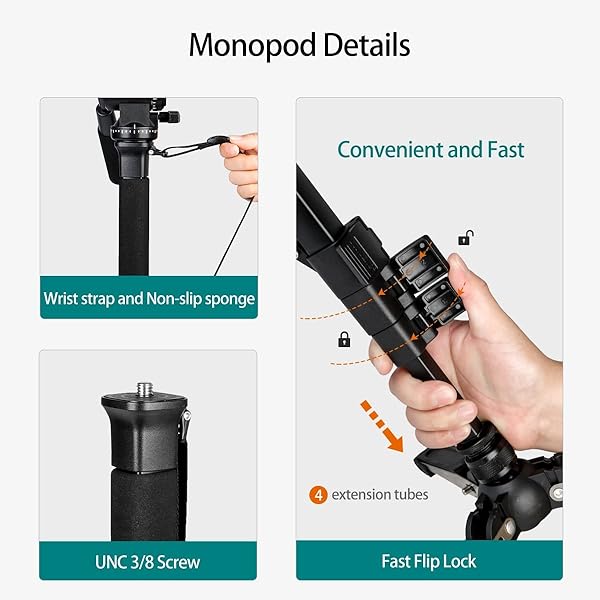 koolehaoda Extendable Aluminum Monopod with Fluid Head & Tripod Base for DSLR - Max Height 148cm, 3kg Capacity - View 7 of 8