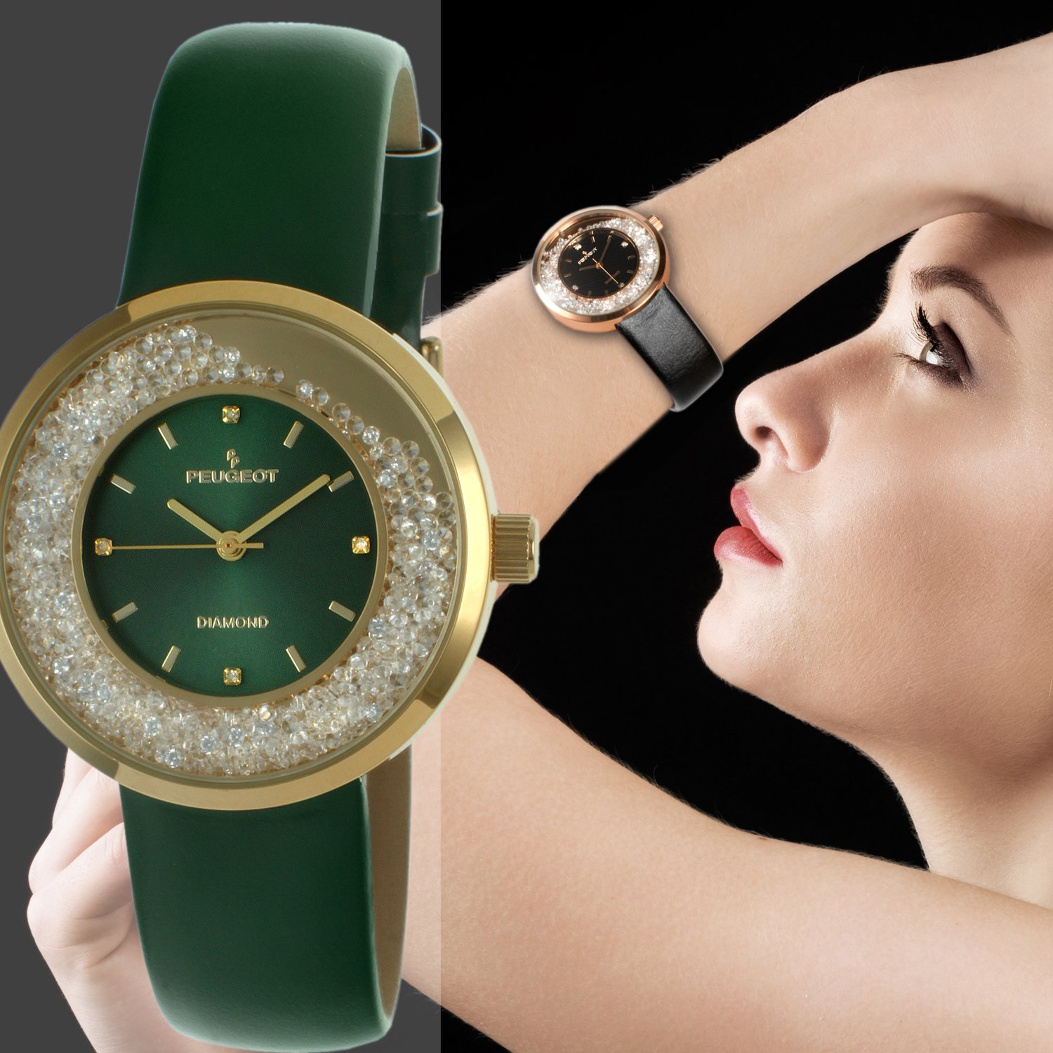 Peugeot Peugeot Women Round Dress Watch Slim Thin Case Floating Diamond CZ Leather Strap - View 2 of 5