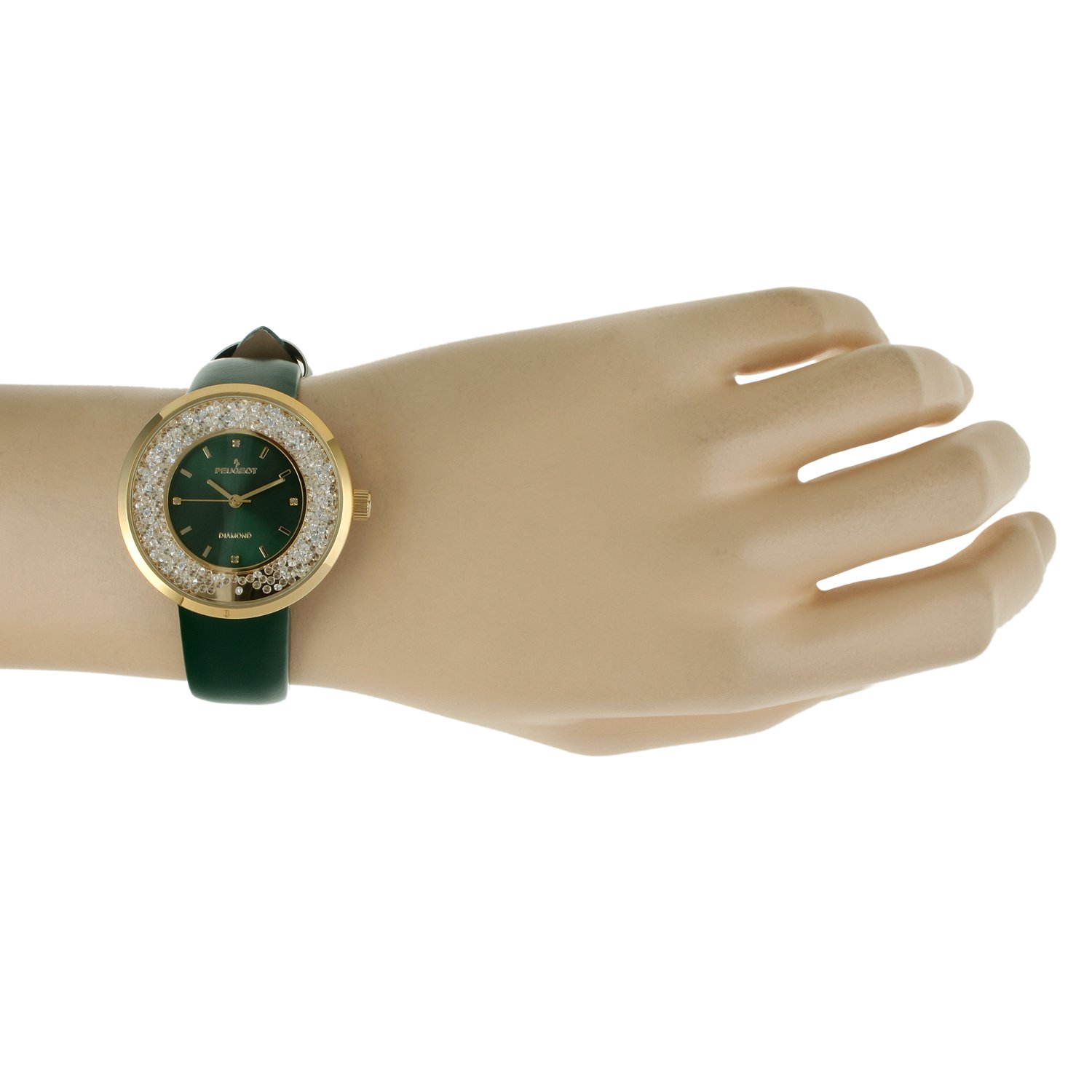 Peugeot Peugeot Women Round Dress Watch Slim Thin Case Floating Diamond CZ Leather Strap - View 4 of 5