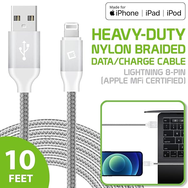 Cellet Cellet 10 Feet Lightning to USB Charging Cable for iPhone iPad iPod Apple MFI Certified White - View 3 of 9