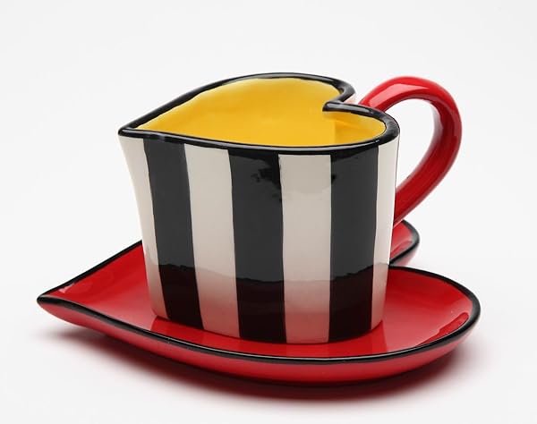 Cosmos Gifts Fine Ceramic Black and White Striped Red Heart Shape Cup and Saucer Set 4-1/2 Inch Length