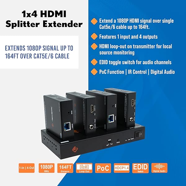 J-Tech Digital J-Tech Digital HDMI Extender Splitter 1x4: 164ft Over Cat5e/6 with PoC, IR Control & EDID Switch - View 3 of 10