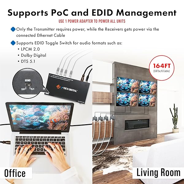 J-Tech Digital J-Tech Digital HDMI Extender Splitter 1x4: 164ft Over Cat5e/6 with PoC, IR Control & EDID Switch - View 5 of 10