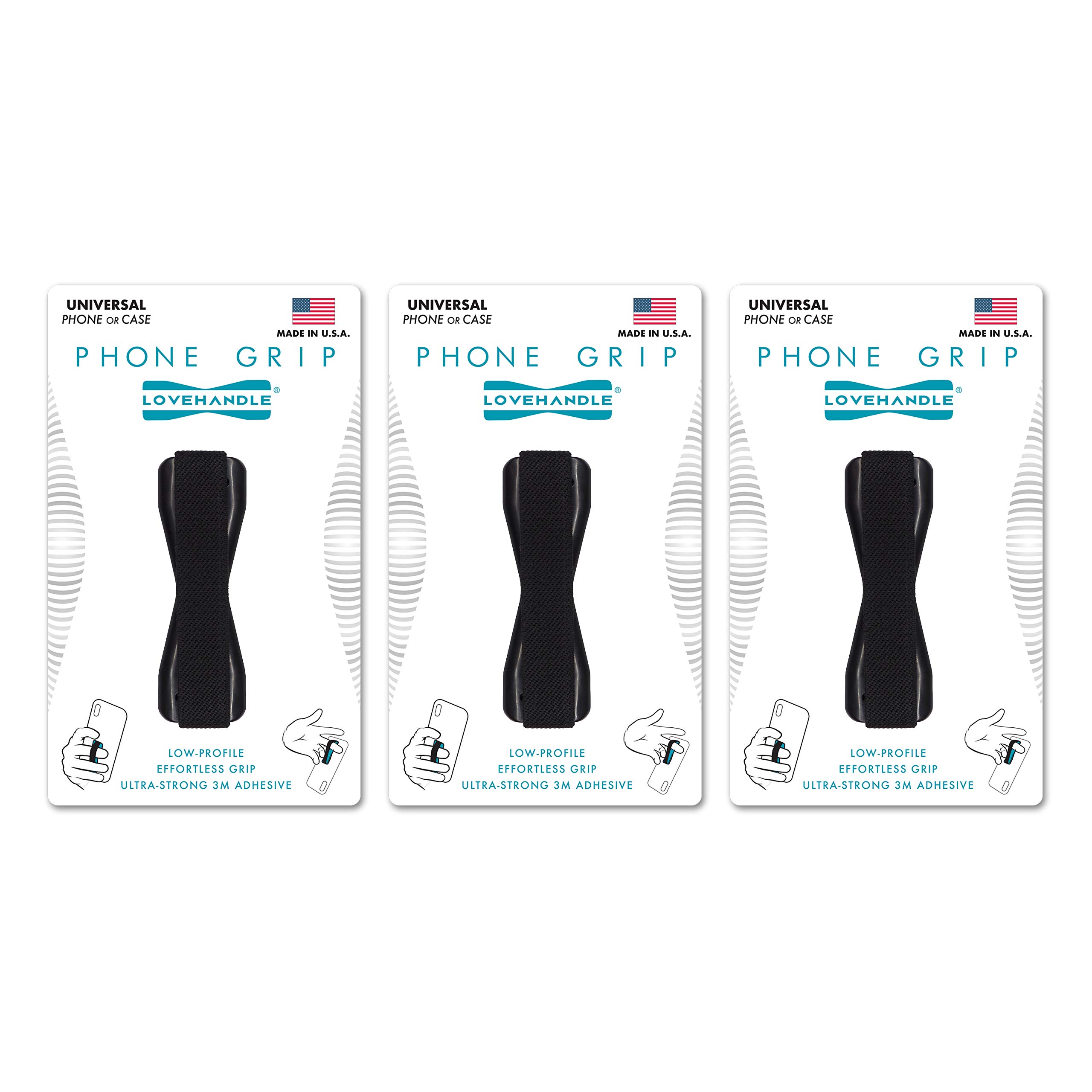 LOVEHANDLE LOVEHANDLE Universal Phone Grip - Pack of 3 for Smartphones & Mini Tablets, Black Elastic Strap & Base