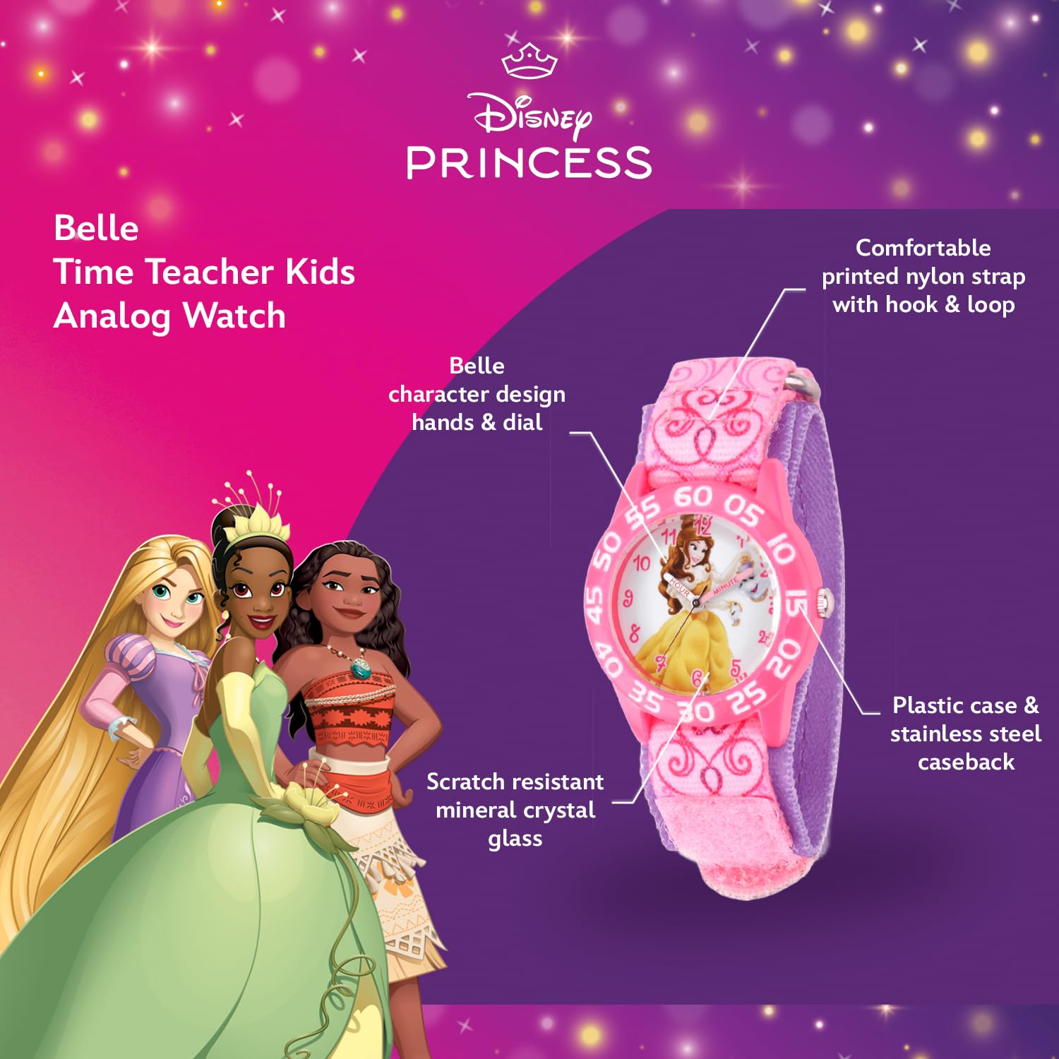Disney Princess Kids Plastic Time Teacher Analog Quartz Nylon Strap Watch for Learning Time - View 2 of 6