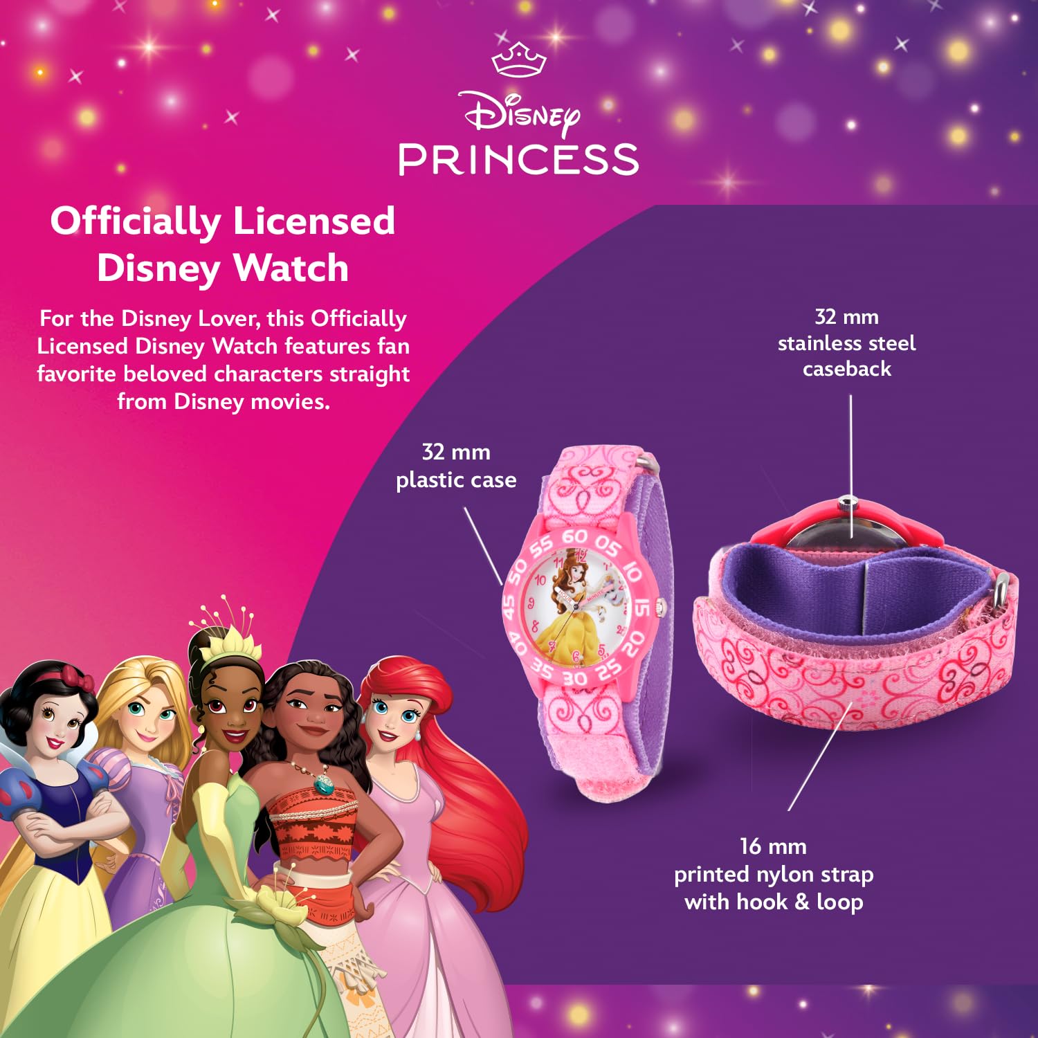 Disney Princess Kids Plastic Time Teacher Analog Quartz Nylon Strap Watch for Learning Time - View 3 of 6